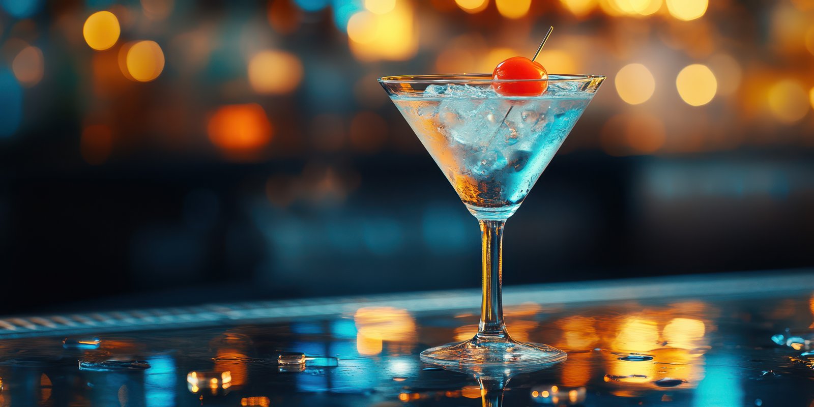 Elegant cocktail served in a glass with cherry and ice at a vibrant bar during nighttime